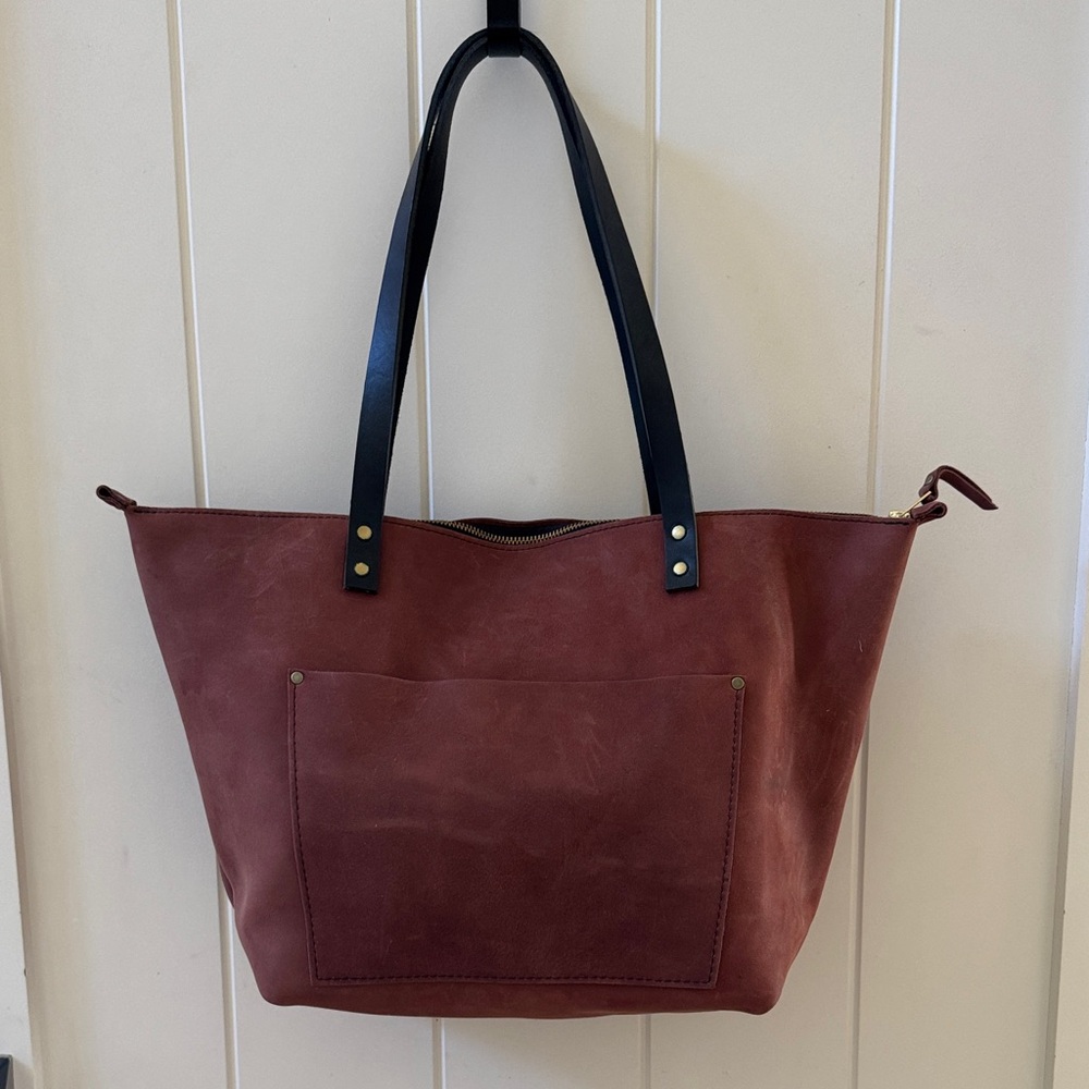 Portland Leather Goods Maroon Suede Leather Zipper Tote with Black Handles